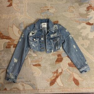 Zara Ultra Cropped Distressed Blue Denim Jacket